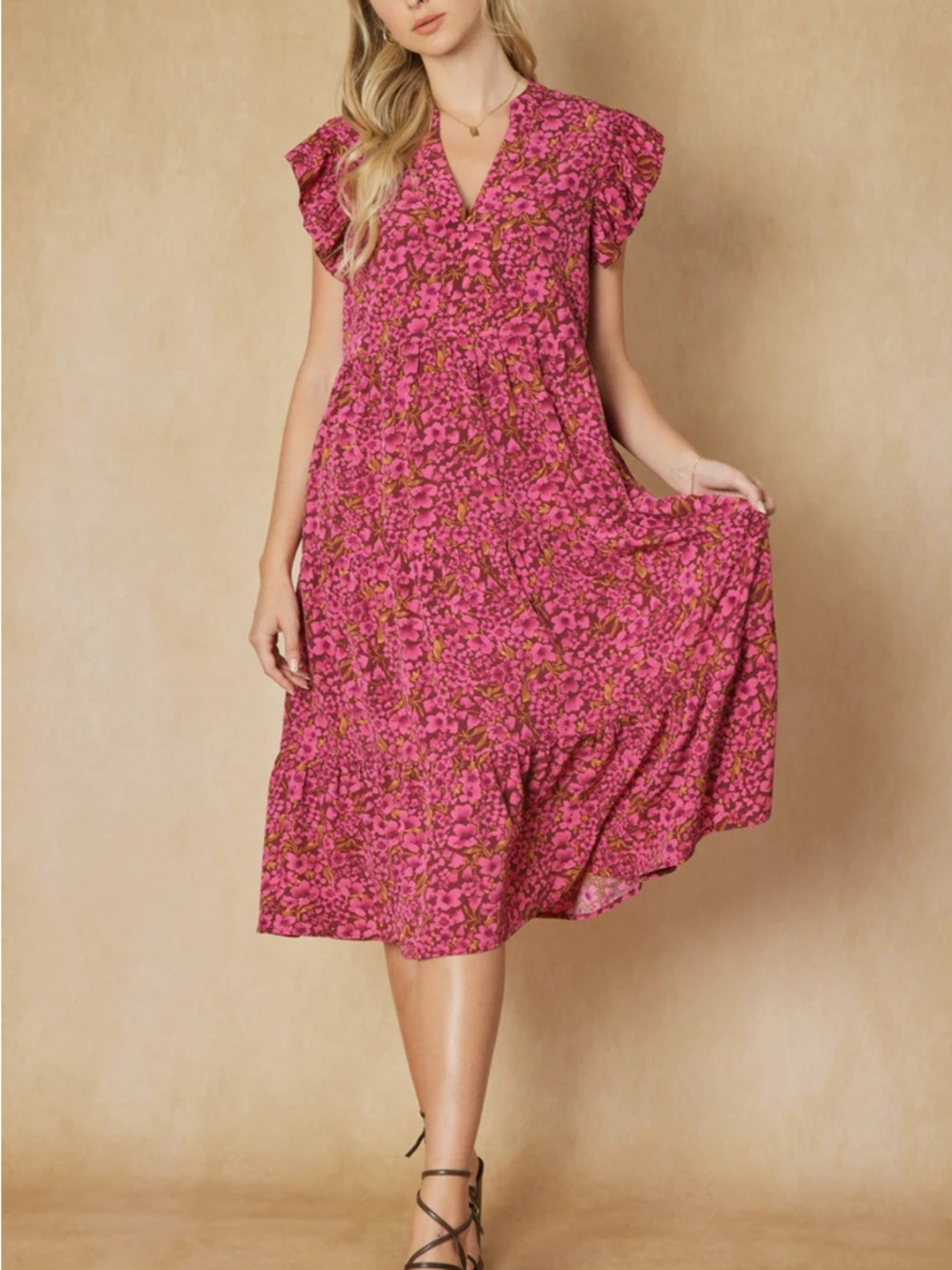 Entro Pink Floral V-Neck Flutter Sleeve Midi Dress